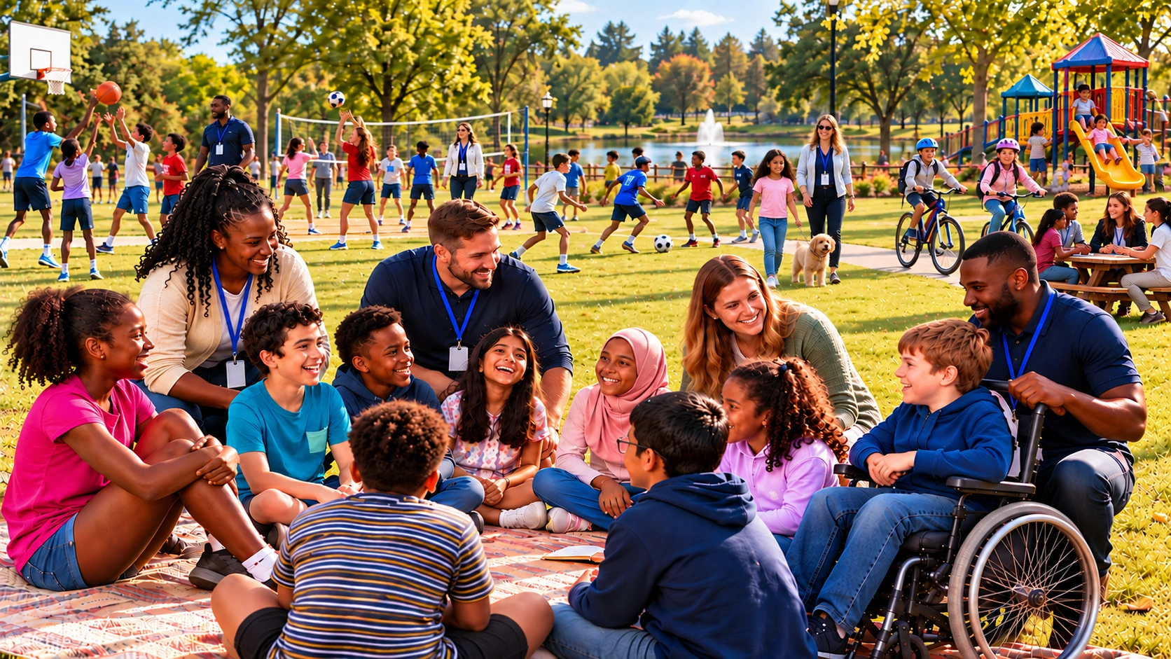 Inclusive park activities: children and carers together on a picnic mat, a boy using a wheelchair, and children playing basketball, volleyball and football, cycling, and enjoying a playground near a lake.